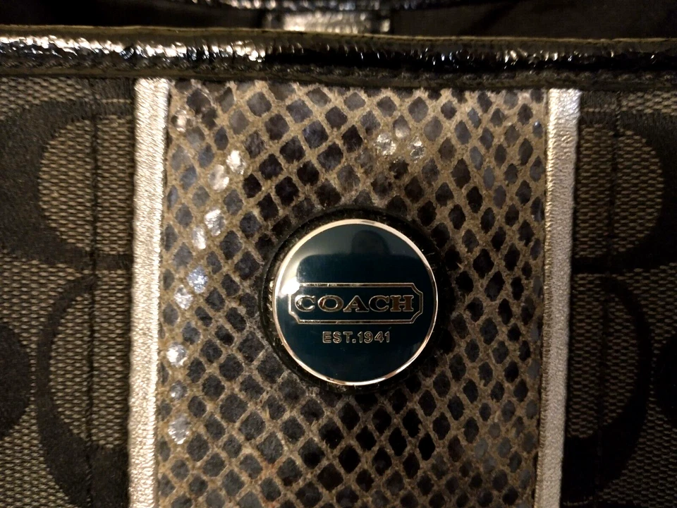 Coach Signature Logo F24882 Black Python Print Stripe Canvas Tote Shoulder Bag - Image 3 of 4