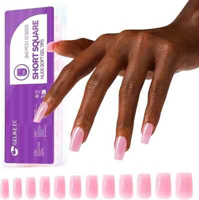 GELIKE EC 240 Short Square False Nails French Manicure Fake Tips Press On Full Cover Nails