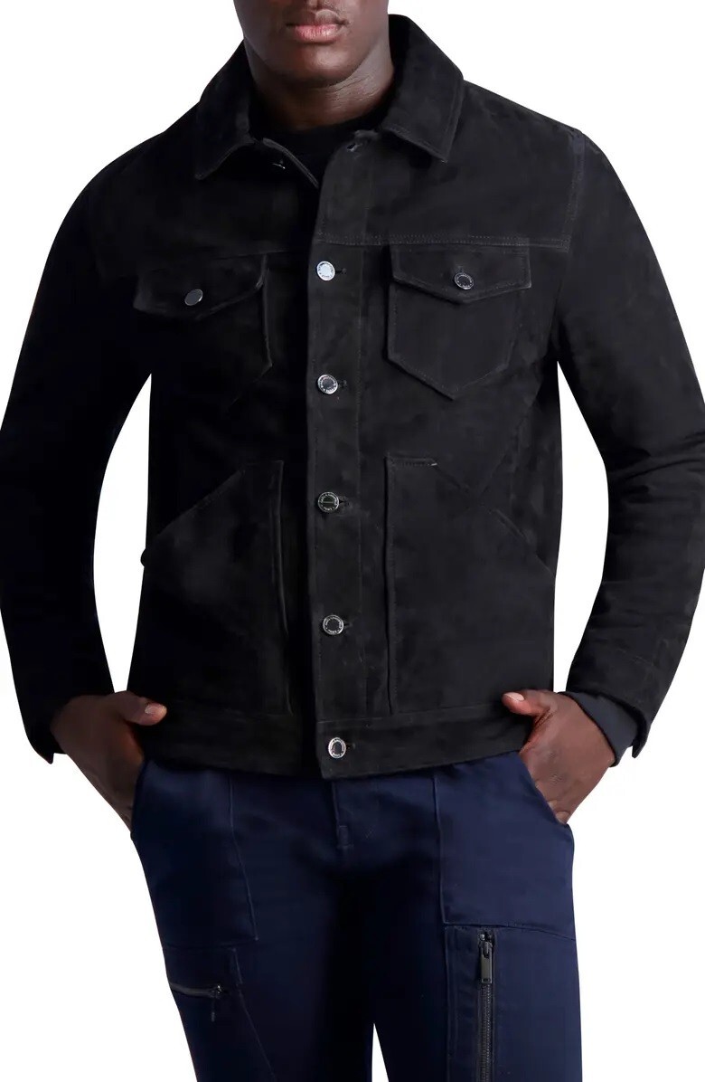 Men Classic Trucker Black Suede Leather Jacket Denim Style Western Shirt MTJ2a