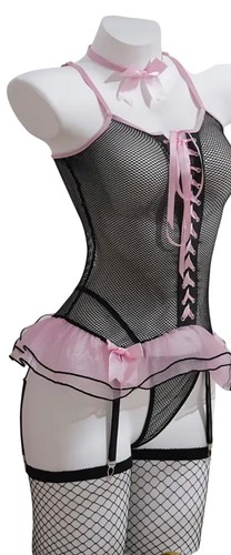 Sexy Black & Pink Fishnet Lingerie Set*Ruffled Skirt*Sissy*Femboy*Cosplay*NIP - Picture 3 of 5