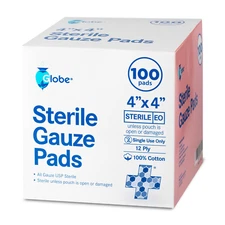 Globe 4’’x 4" Advanced Sterile Gauze Pads for Wound Dressing| 100-Pack, 12-Ply.