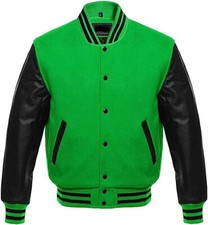 Green Wool Real Black Leather Sleeve Bomber Letterman Baseball Varsity Jacket