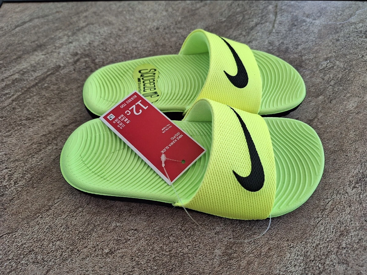 Nike Boy s Kawa Slide Sandal Neon Volt Black Solar Soft Sole Size