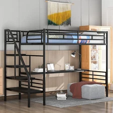 Metal Loft Bed Frame with Desk, Twin Size Bed No Box Spring Needed, Black