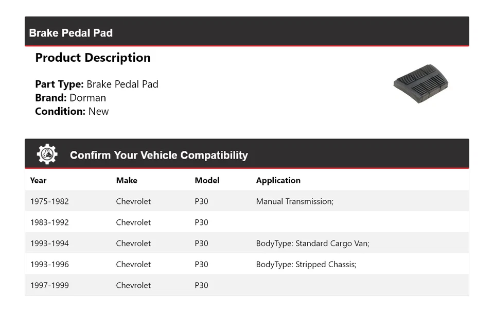 Pastilla de pedal de freno para Chevrolet P30 Dorman 1975-1999 1976 1977 1978 1979 1980 1981 Foto 2 de 4