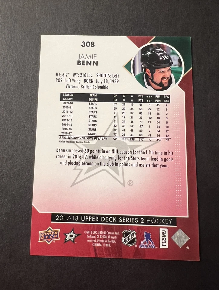 2017-18 Upper Deck Exclusives 60/100 Jamie Benn #308 - Image 2 of 2