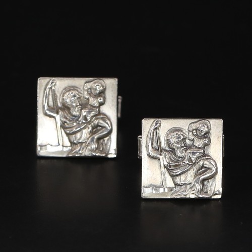 VTG Sterling Silver - 1950s REGINA Catholic St Christopher Men's Cufflinks - 11g - Picture 2 of 5