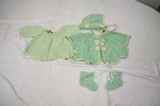 Vintage 60's Toddler Girls Green Crochet Sweater Jacket, Booties, Bonnet Set