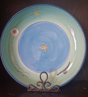 KIC Brushes Handpainted 13 Inch Pasta Deep Serving Bowl Ocean Fish Beach Theme