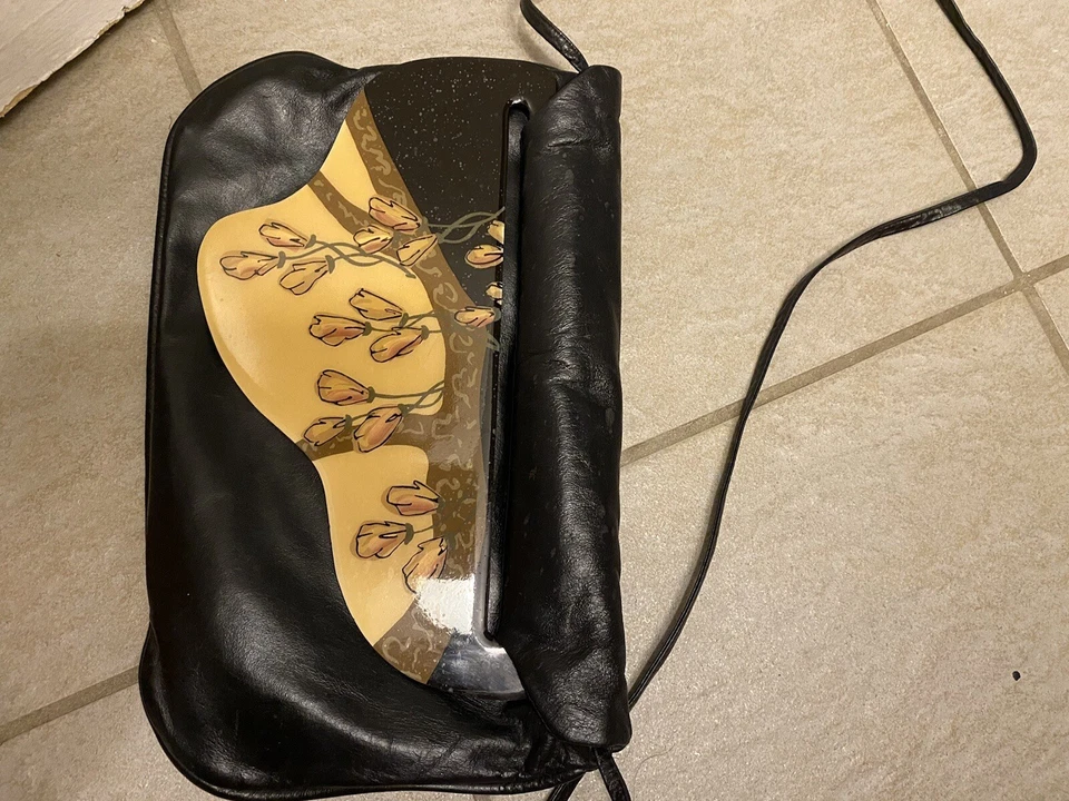 BOLSO PATRICIA SMITH MOON 1984 BOLSO MONEDERO CUERO PLATEADO NEGRO ORO ENCAJE JOYAS GEMA Foto 3 de 4