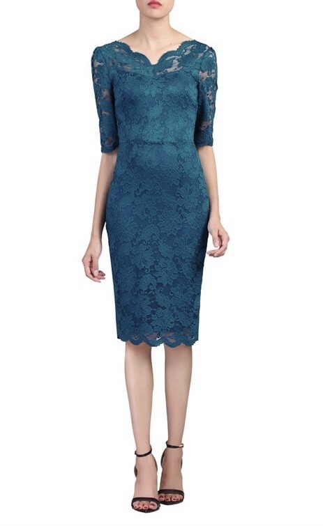 Jolie Moi Petrol blue scalloped v neck lace bodycon dress Size
