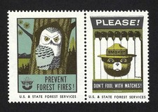 Pair (2) Smokey the Bear Poster Stamps to Prevent Forest Fires - Owl - Matches