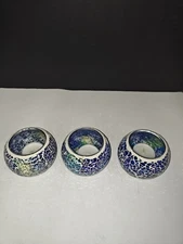 OwnMy Set of 3 Blue Colorful Mosaic Glass Tea Light Holders Round Bowl Votive 