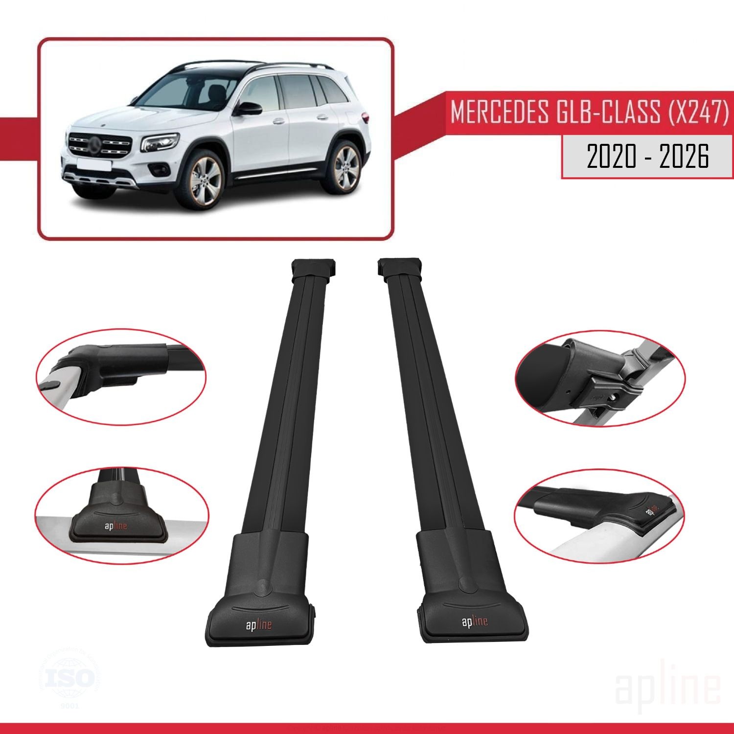 Barres de toit Mercedes GLB 2020-2026 noires pour vacances et ski