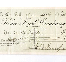 1924 Kineo Trust Company Bank Check E.A. Sampson Milo Maine Signed Feb 15 CHX4