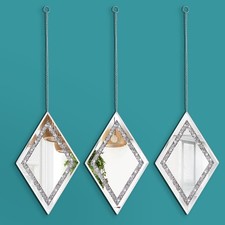 Silver Diamond Shaped Wall Mirror Set of 3 Decorative Crystal Crush Diamond