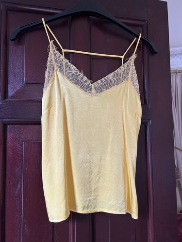 Women’s Lemon Yellow Silk Satin Lace Camisole Strappy Top Size XS Mango - Picture 2 of 4