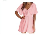 Spring Summer Tie Front Dress Med Pink Crinkle Fabric Flared Sleeves Coquette