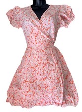 ABOUND Pink And Orange Floral Print Wrap Mini Dress Cutout Puff Sleeves Sizes