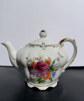 Vintage Tilso Musical Teapot Tea For Two Hand Painted Flowers Gold Trim Works