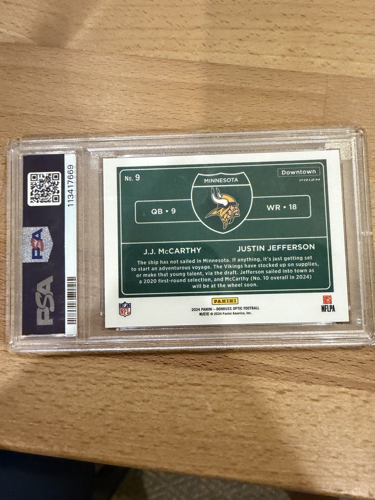 2024 Donruss Optic Downtown Duos JJ McCarthy Justin Jefferson RC PSA 9 SSP view 4