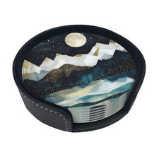 Mountain Sunset Leather Drinks Coasters with Holder Set of 6, Suitable for Ki...