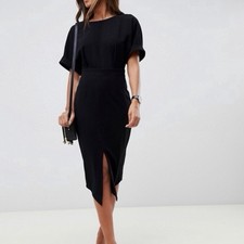Women’s Black Midi Dress – Short Sleeve Slit Sheath Dress