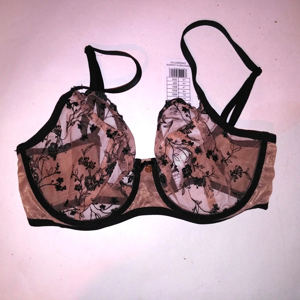 Sujetador Freya US 30G Negro Beige Bordado Floral Sin Forro Con Aros Nuevo Foto 2 de 4