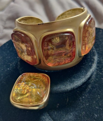 Kenneth j Lane Gold Tone Topaz acrylic bracelet bangle Matching Ring
