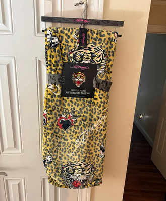 Ed Hardy Throw Blanket 60x72 Leopard Print Tiger Animal Theme Plush Polyester