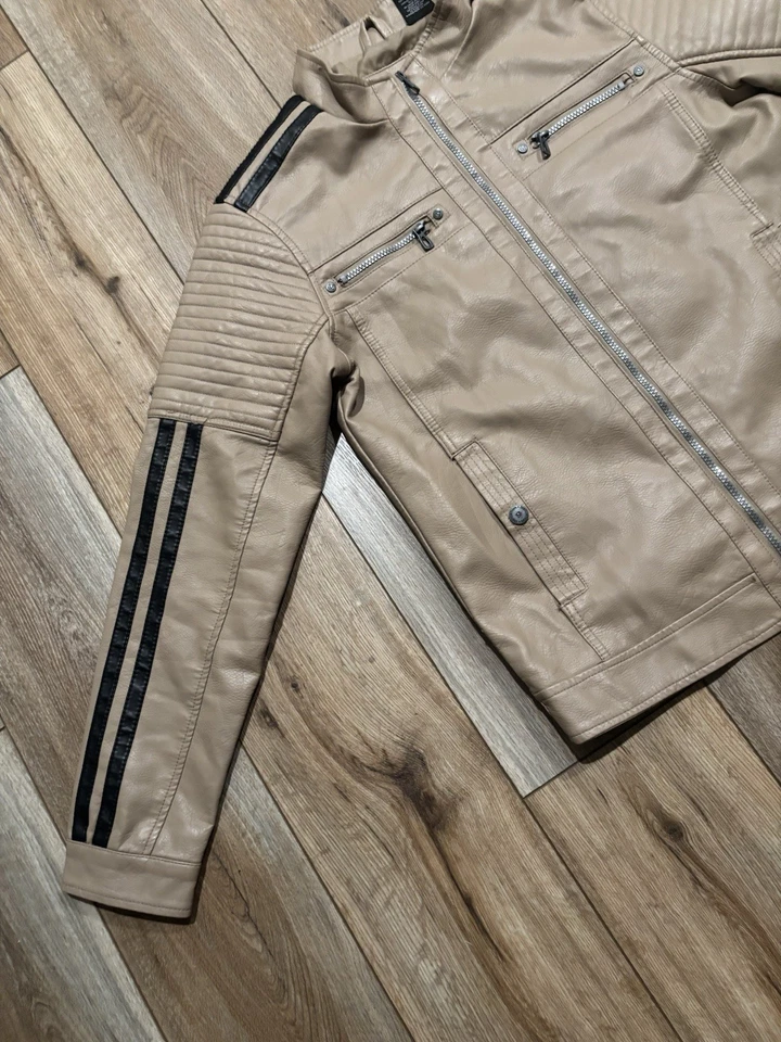 Chaqueta de cuero vintage Y2K moto rayas beige negro por distorsión Foto 2 de 4