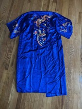 Vintage Golden Dragon Hand Embroidered Silk Blue Kimono Robe Sz Medium
