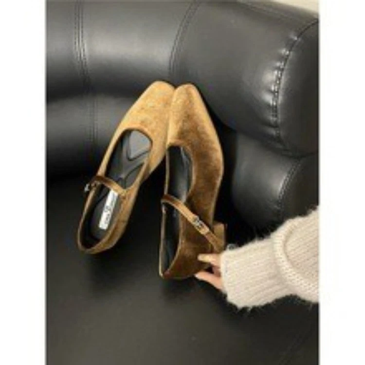 Zapatos Retro Terciopelo, Mary Jane Cabeza Cuadrada, Ballet Suelas de Cuero Real Zapatos de Mujer Foto 2 de 4