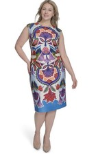 Vince Camuto Plus Size Placement-Print Cap-Sleeve MIDI Dress - Blue Multi
