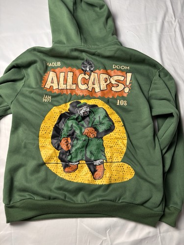 MF DOOM Madlib All Caps Hoodie Green Graphic Hip Hop Rap Pullover Sweatshirt