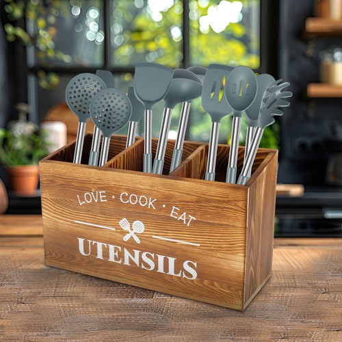 Wooden Utensil Holder Large Kitchen Utensil Caddy Organizer with 3 NX - Picture 14 of 22