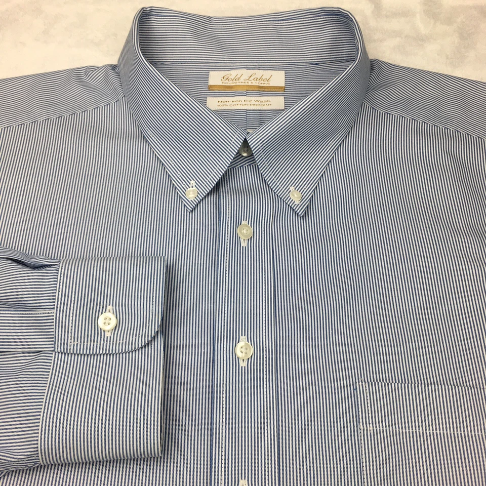 Roundtree & Yorke Gold Label Dress Shirt Mens 19-35 Big Blue White Pinstripes - Image 4 of 4