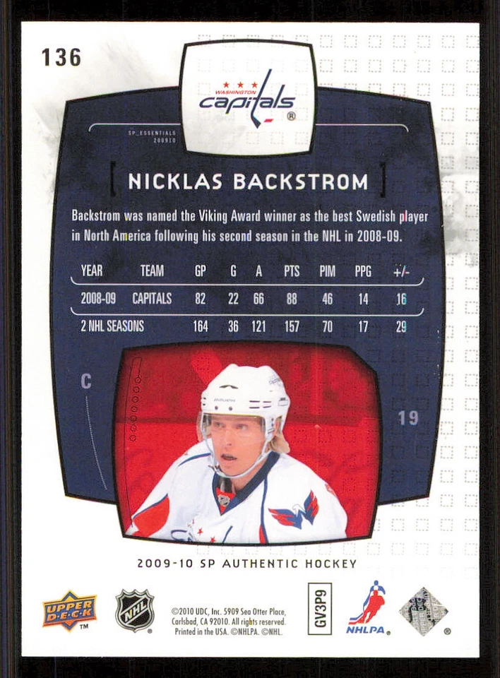 2009-10 SP Authentic #136 Nicklas Backstrom ESS /1999 - Image 2 of 2