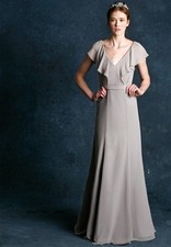 NEW JENNY YOO 'Cecilia' Ruffled Chiffon Long DRESS GOWN SIZE 8 $275 DOVE GREY