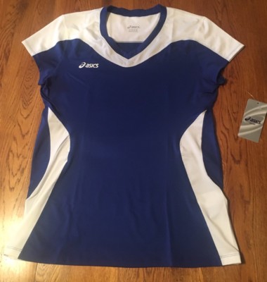 Asics Rocket Jersey Blue And White V-Neck Shirt Women's L Large NWT! $48