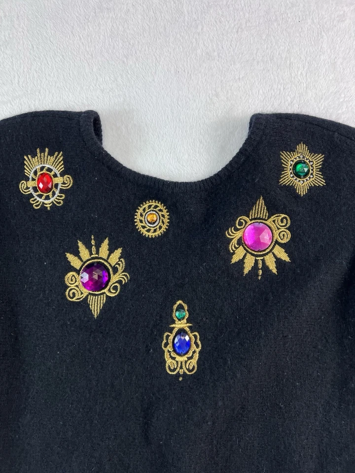 Suéter Angora Lana Cordero Vintage Años 80 Para Mujer Talla L Negro Dorado Cuentas Acolchado Foto 2 de 4