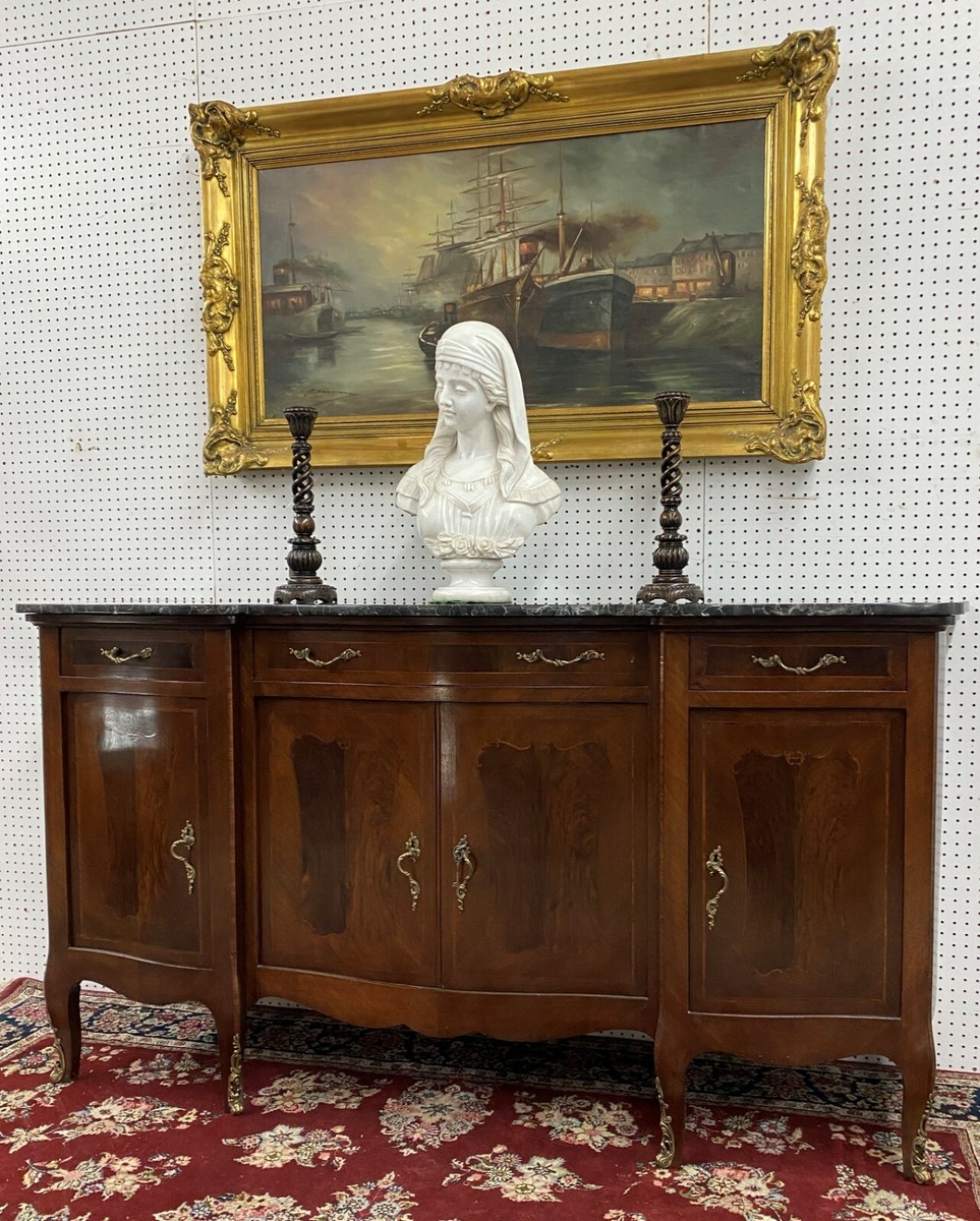Antique French Burl Walnut Marble Top Serpentine Buffet Sideboard C1890