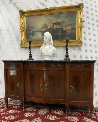 Antique French Burl Walnut Marble Top Serpentine Buffet Sideboard