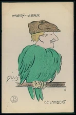 art Giris aviator Lambert bird caricature original old 1910s France postcard