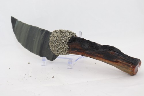 Flint Knapped Obsidian Knife-Burns Green on Sagebrush Wood Handle Crushed Pyrite - Picture 7 of 9
