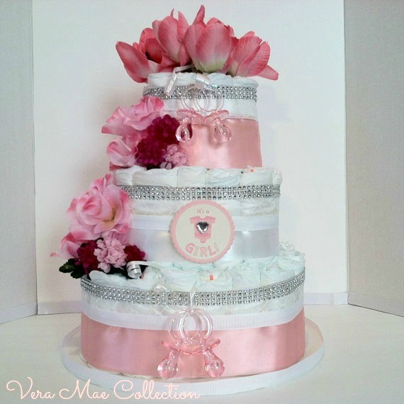 Pink And White Square Diaper Cake, Baby Girl Baby Shower Table Top