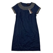 NWT Dana Buchman Blue Chambray Dress Gold Embroidery Print S/S 100% Cotton 4 $80