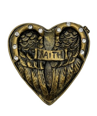 Cracker Barrel Trinket Box Pewter Heart Angel Wings Faith Jeweled Hinged Enamel