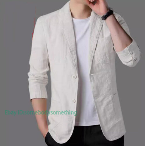 Neu Sommer Herren Baumwolle Leinen Anzug Jacke dünn solide Blazer zwei Knöpfe Freizeit Mantel - Bild 14 von 28
