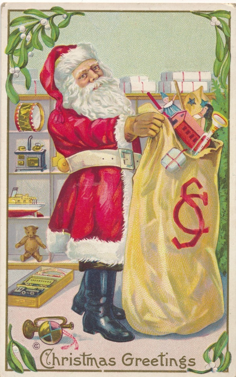 1913 Santa Claus Packing Bag of toys Christmas Greetings Emb